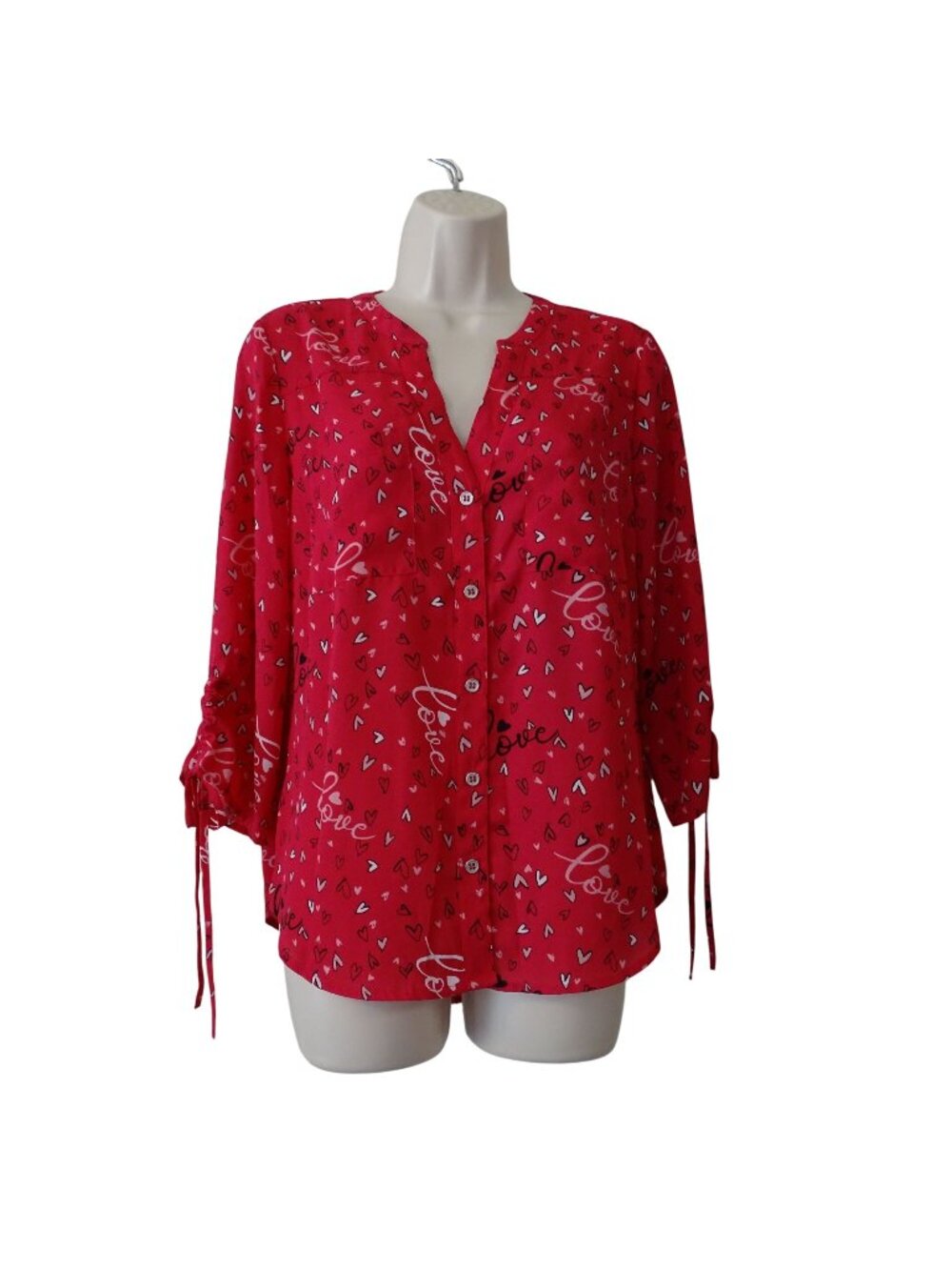 New York and Co Red Love Heart Button Up Blouse Women Size S Valentines Day NEW